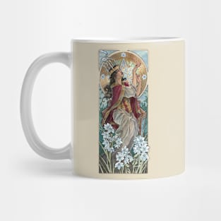 Lady of December with White Narcissus and Saint Lucy Candle Crown Goddess Mucha Inspired Birthstone Series Mug